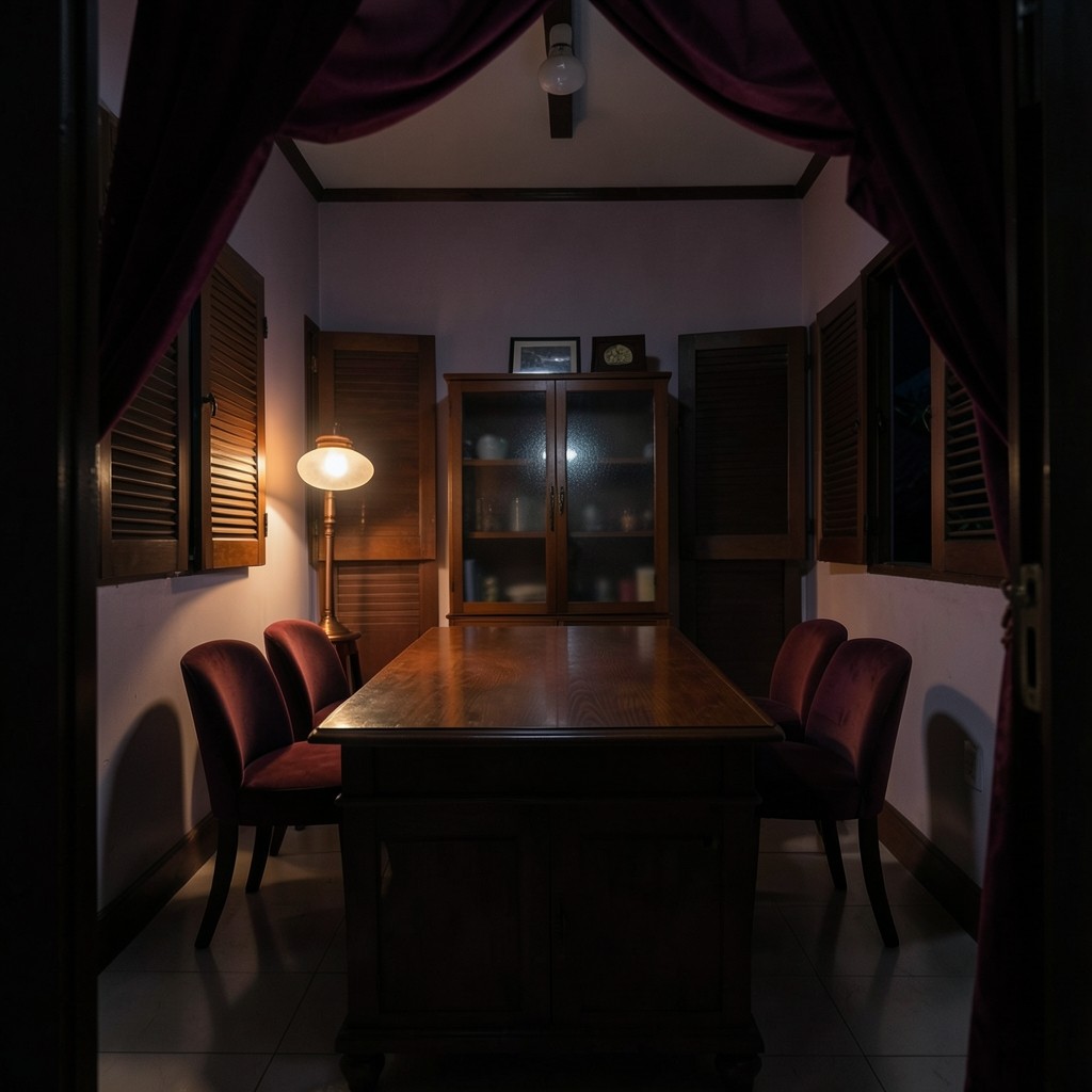 A small office with a lacquered desk, velvet curtain, and wooden shutters at night
