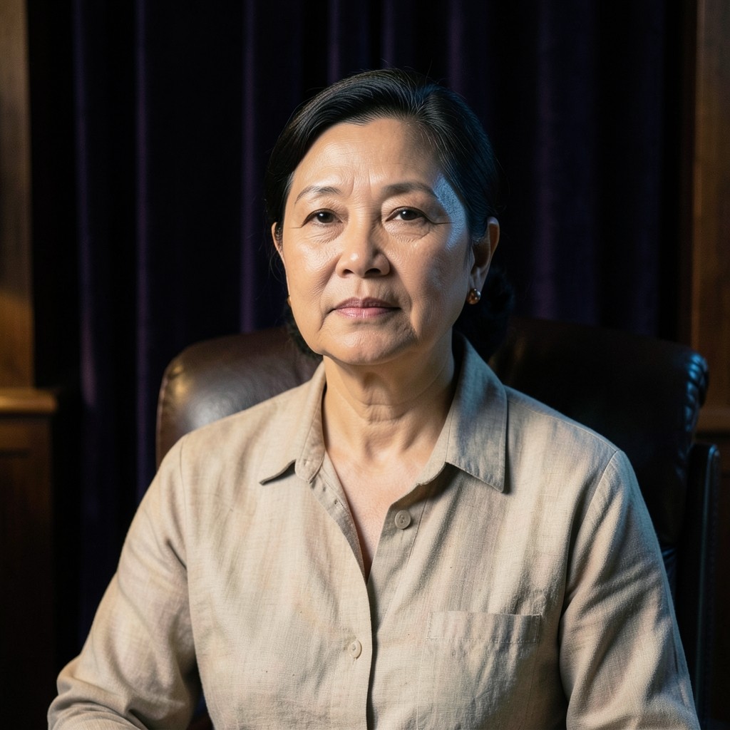 Portrait of a Thai woman in a linen blouse, seated in a dark wood office