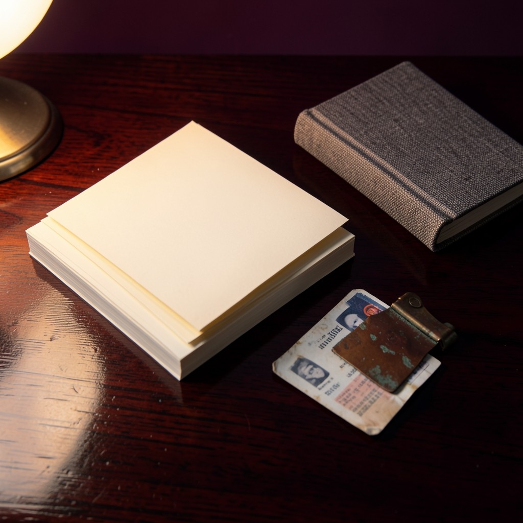A neat stack of blank papers, a closed savings book, and an identity card face down on dark wood