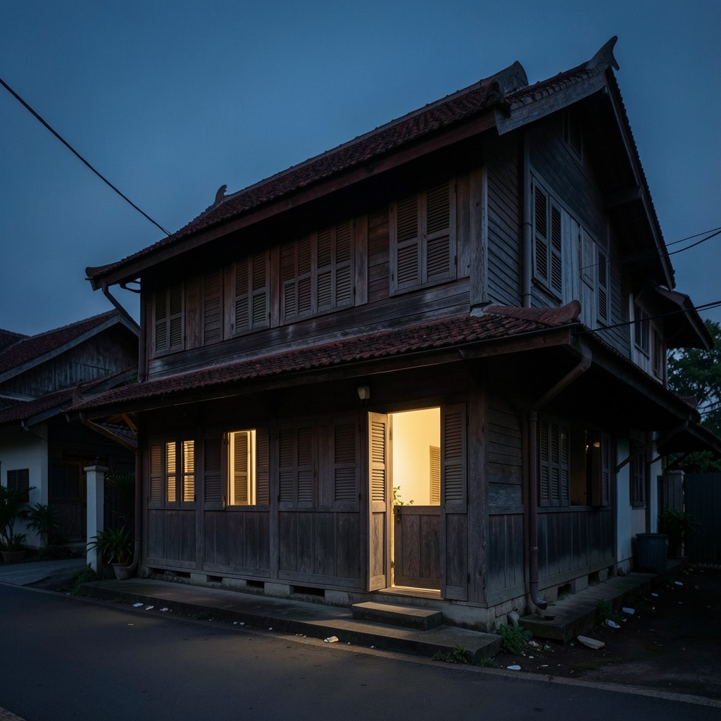 A modest Thai shophouse at dusk with wooden shutters and a warm doorway, no signage