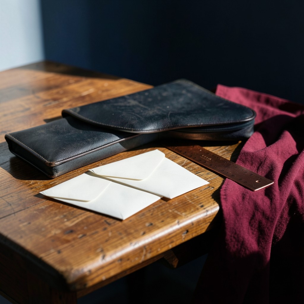 A wooden desk with a pencil case and sealed envelopes in morning light and deep shadow
