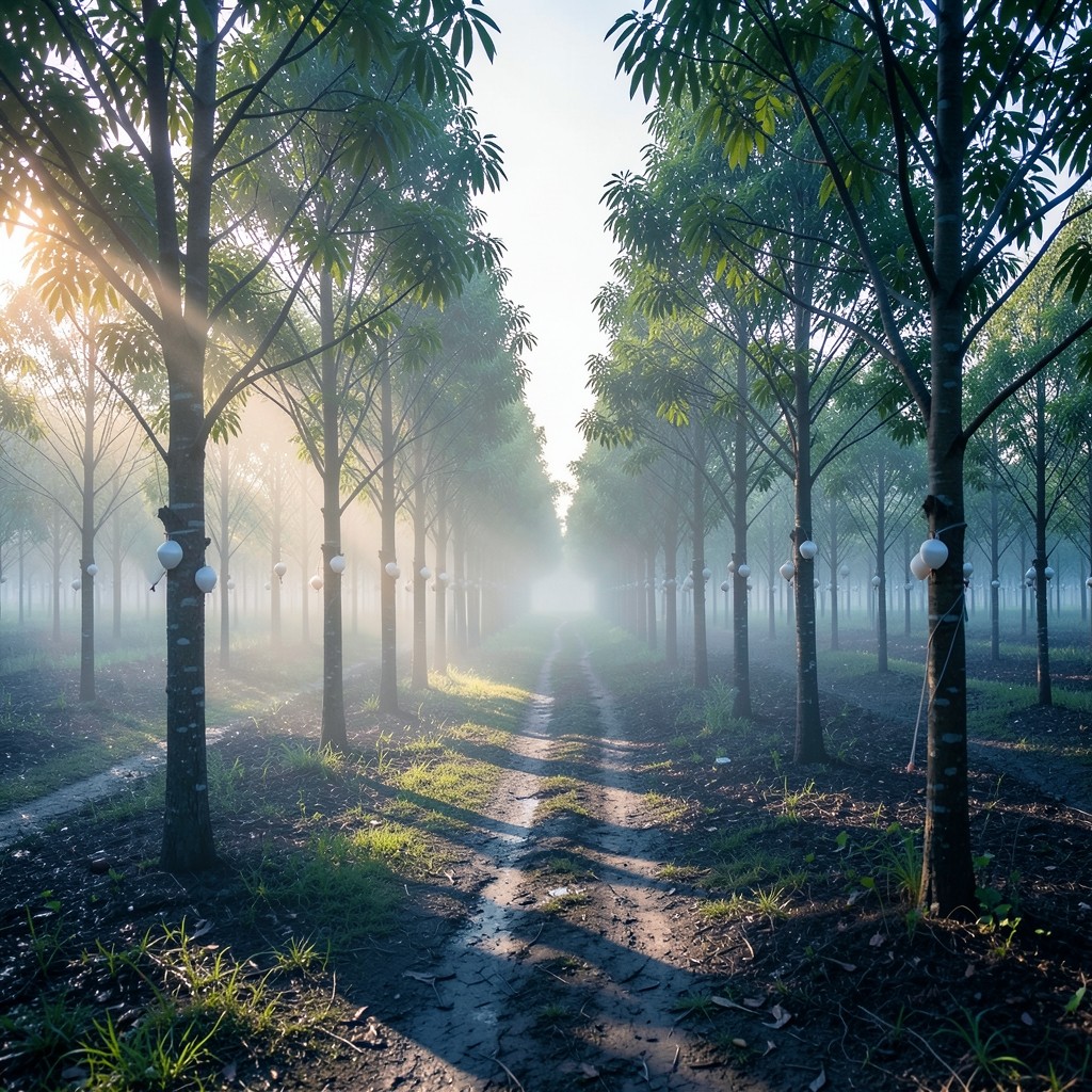 Morning light on a rubber smallholding path with latex cups along the trees