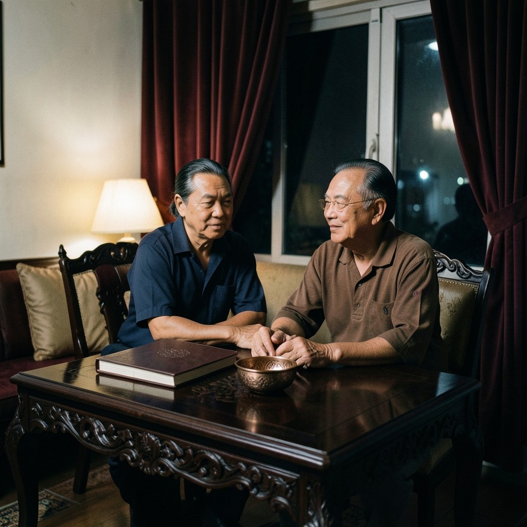 A Thai couple at a dark wood table with notebooks in a room of burgundy curtains and warm lamp light