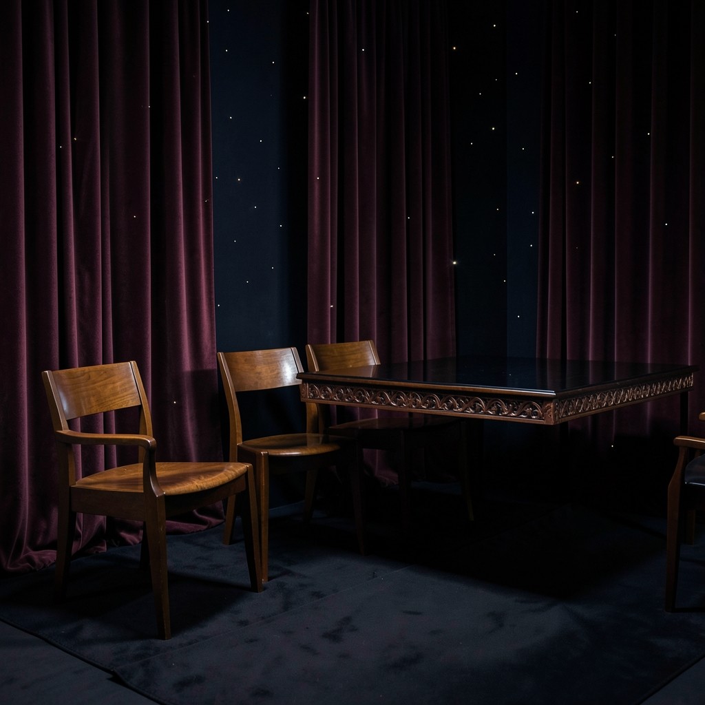 Four empty chairs along a dark wood table, copper light, and a deep velvet room