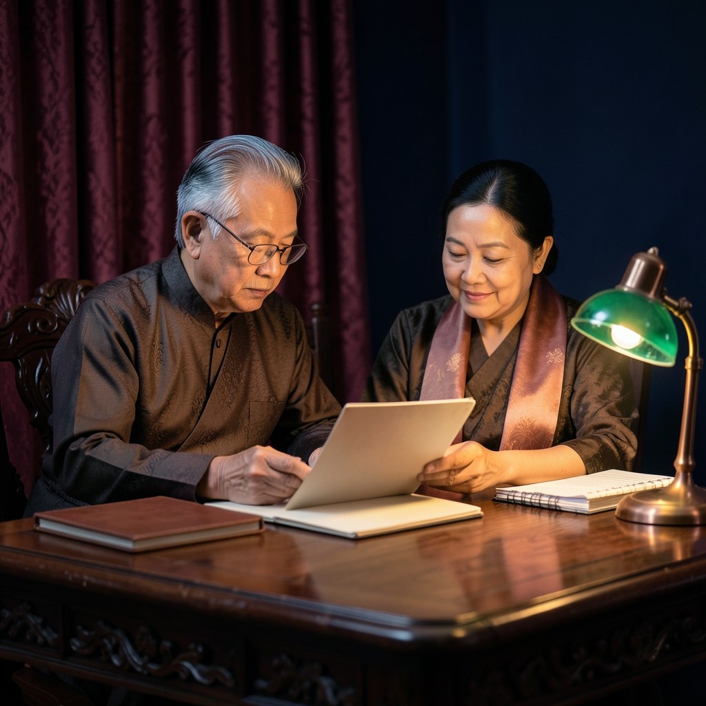 An adult couple looking through a plain bound folder beside a desk calendar and a copper lamp