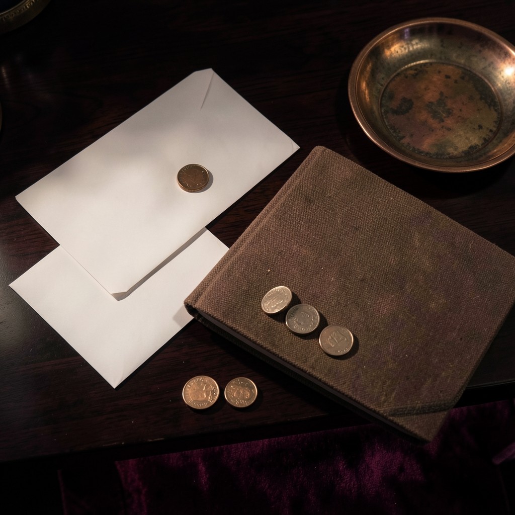 Envelopes, coins, and a household notebook arranged on dark lacquered wood at night