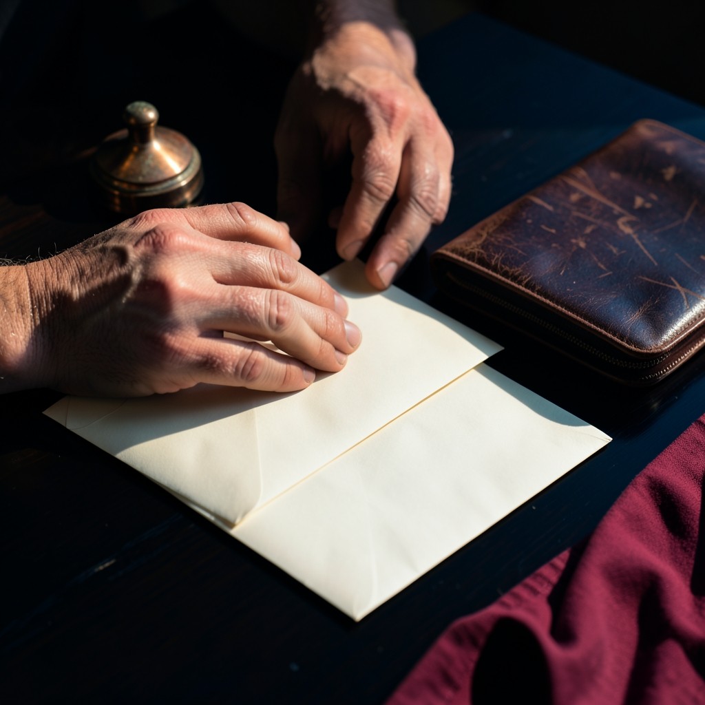 Adult hands beside plain envelopes and a pencil case on a dark wooden desk
