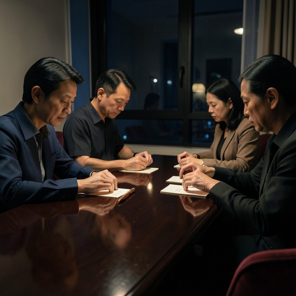 Two Thai adults and a planner arranging blank cards on a dark wood table under a copper lamp