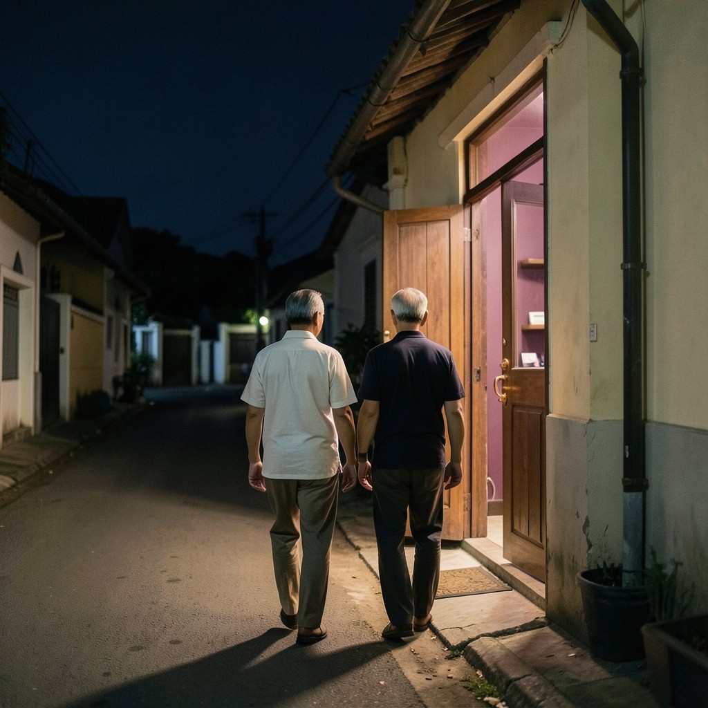Two adults leaving a small wooden office at night, warm light in the doorway and a quiet street